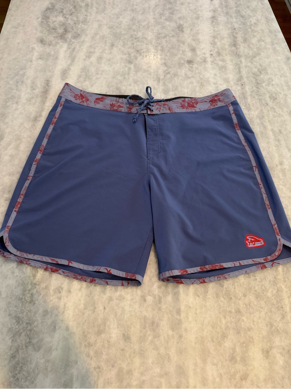 Patagonia Blue Board Shorts with Red Floral Trim